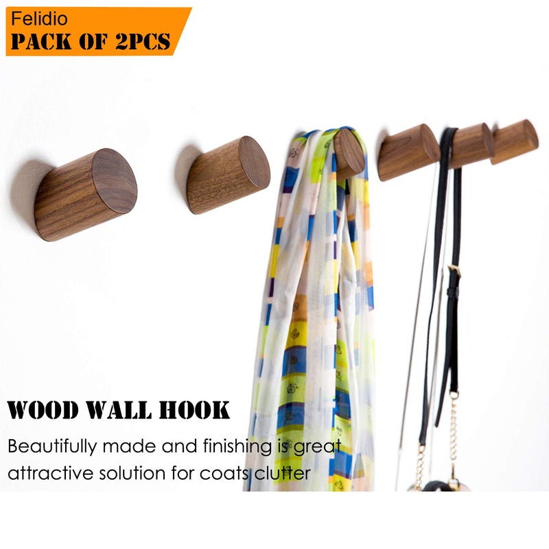 Felidio Wooden Wall Hooks, Natural Wood Coat Hooks Wall-Mounted (2 Pack), Rustic Wall Coat Rack Hat Hook, Entryway Walls Hangers, Heavy Duty Hook for Hanging Towels (Black Walnut) - Image 2